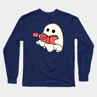 Cute Retro Halloween Ghost Reading Book And Drinking Coffee Long Sleeve T-Shirt